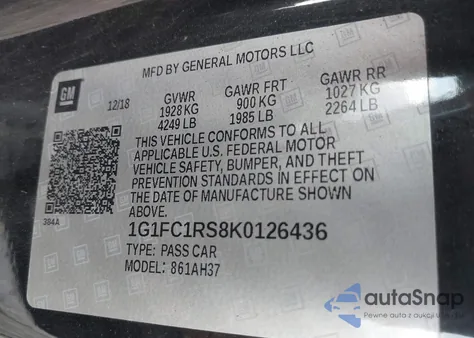 2019 Chevrolet Camaro 3Lt из США, поврежденный, VIN 1G1FC1RS8K0126436